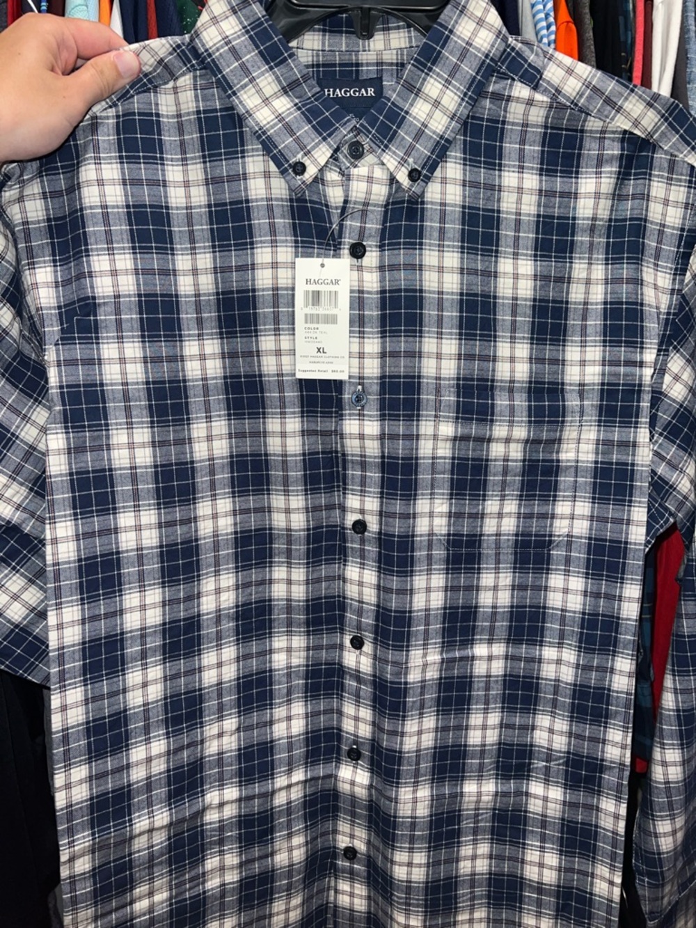 Haggar Navy and White Plaid Long-Sleeve Button-Down Shirt